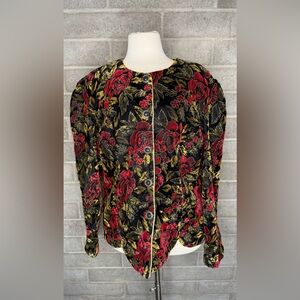 Vintage R&K Evening XL Misses Black Velvet Rose Floral Jacket Gold Detail